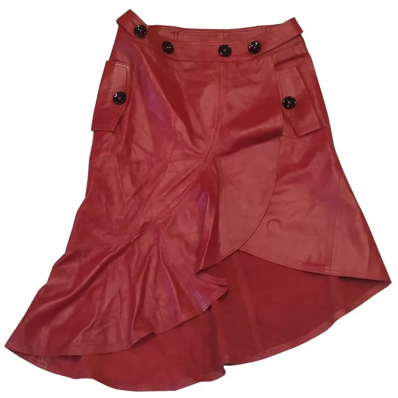 

2020 Spring Women High Waist Irregular Fishtail Skirt Ruffles Sheepskin Genuine Leather Skirts Female Casual Streetwear Skirt