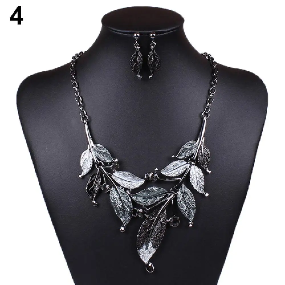 

80% Hot Sale Classic Colorful Leaf Rhinestone Alloy Drop Necklace Earrings Jewelry Set