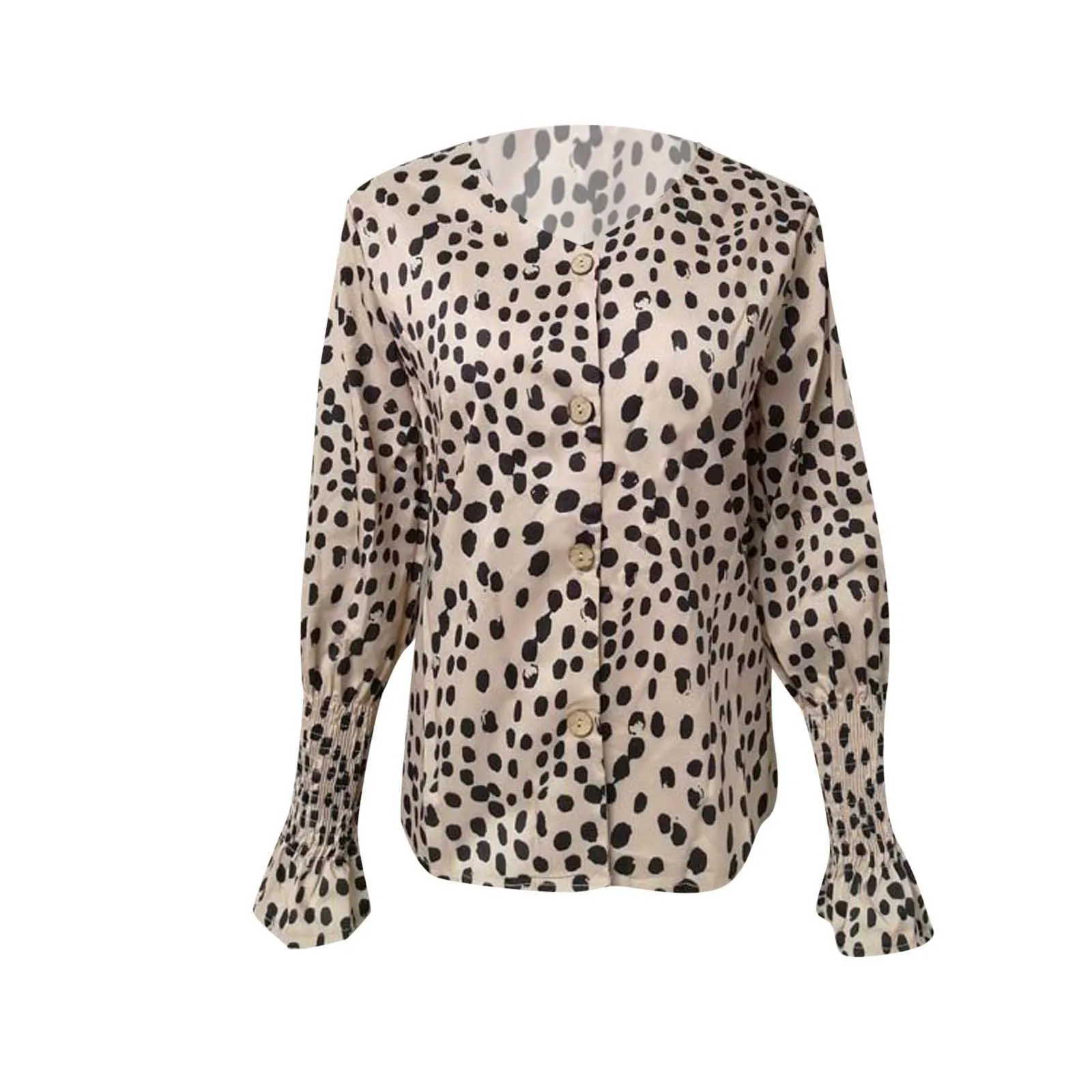 

Women Spots Printed Long Sleeve V-neck Shirt With Flared Cuffs Shirt European Fashion Women Camiseta Mujer