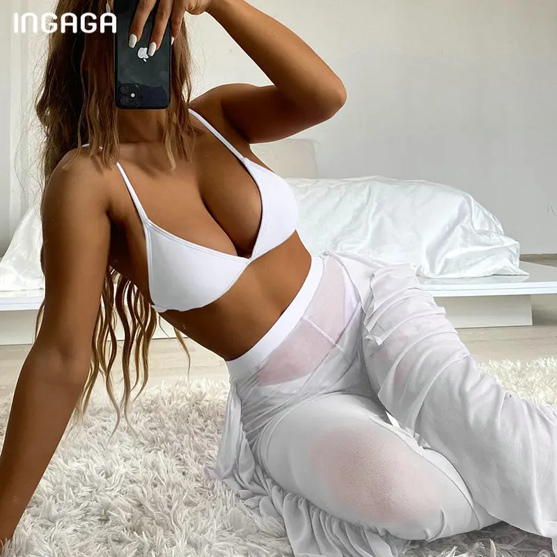 INGAGA Sexy Bikinis Swimsuit Push Up Swimwear Women Three-pieces Bikini Set Ruffled Beach Cover Up Pants Bathing Suit 2021 New