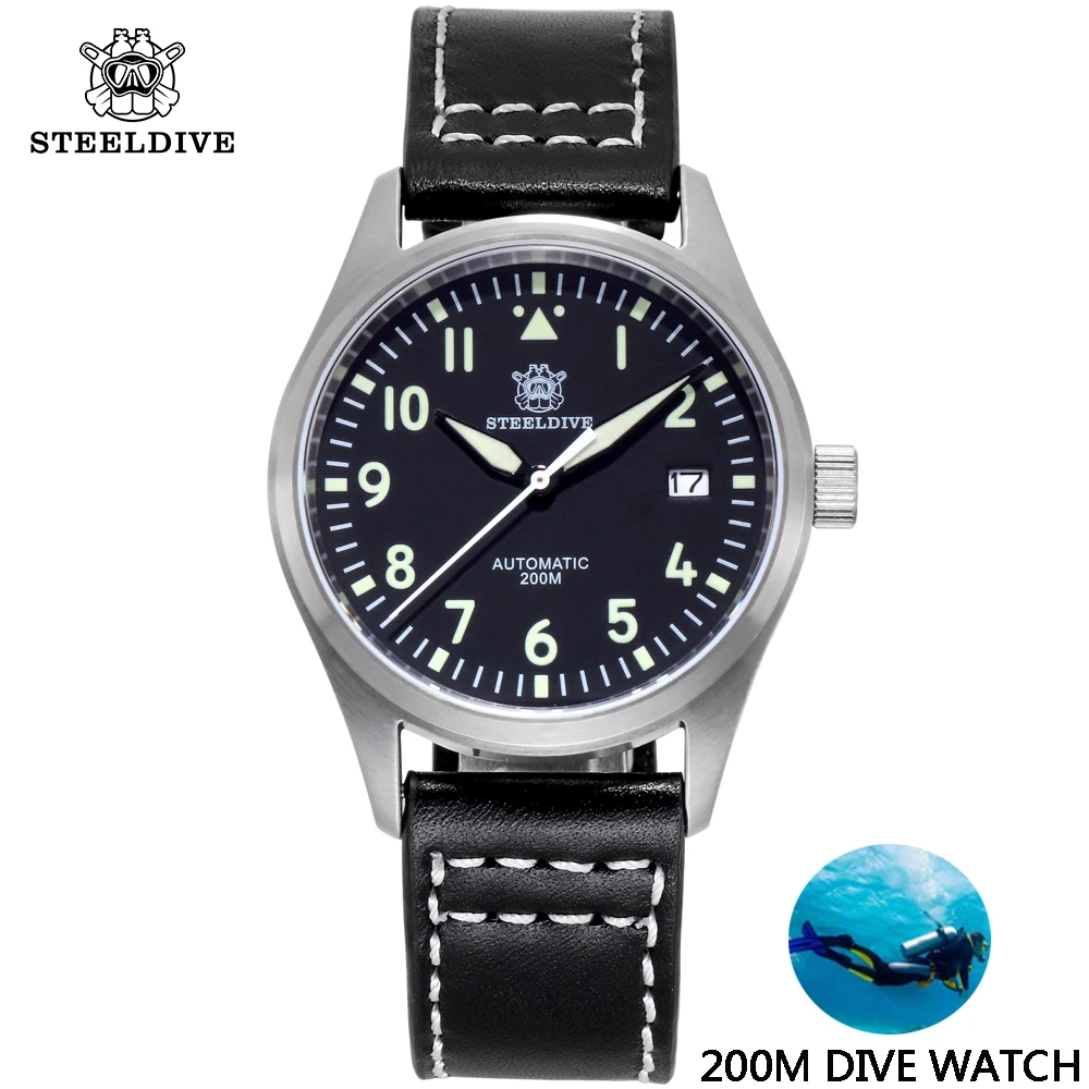 STEELDIVE NH35 пилота часы 200 м Водонепроницаемый Diver механические для Для мужчин