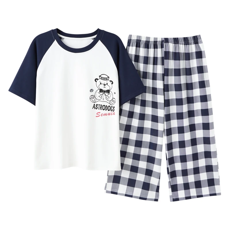 

Women Short Sleeve Pajamas Sets Summer Cotton Cartoon Sleepwear Round Neck Plus Size Fashion Flaid Calf-Length Pants Homewear