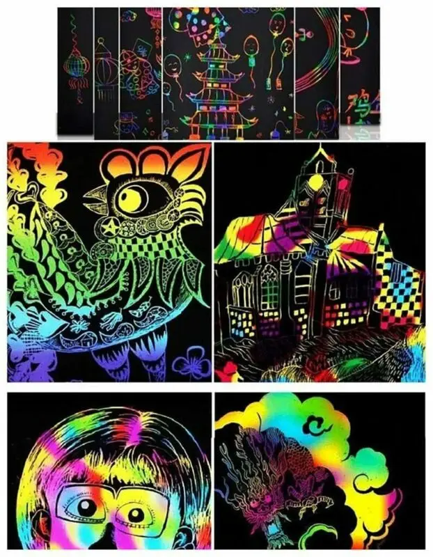 

100Pcs Holographic Rainbow Paper Scraping Painting Children's Creative DIY Painting Doodle Art Drawing Toys