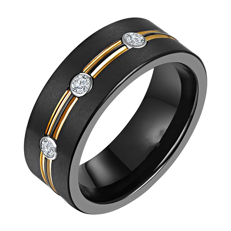 Luxury Men's Fashion Black Tungsten Carbide Ring Gold Plated Grooved Line AAA Cubic Zirconia Wedding Band 8mm Men's Jewelry images - 6