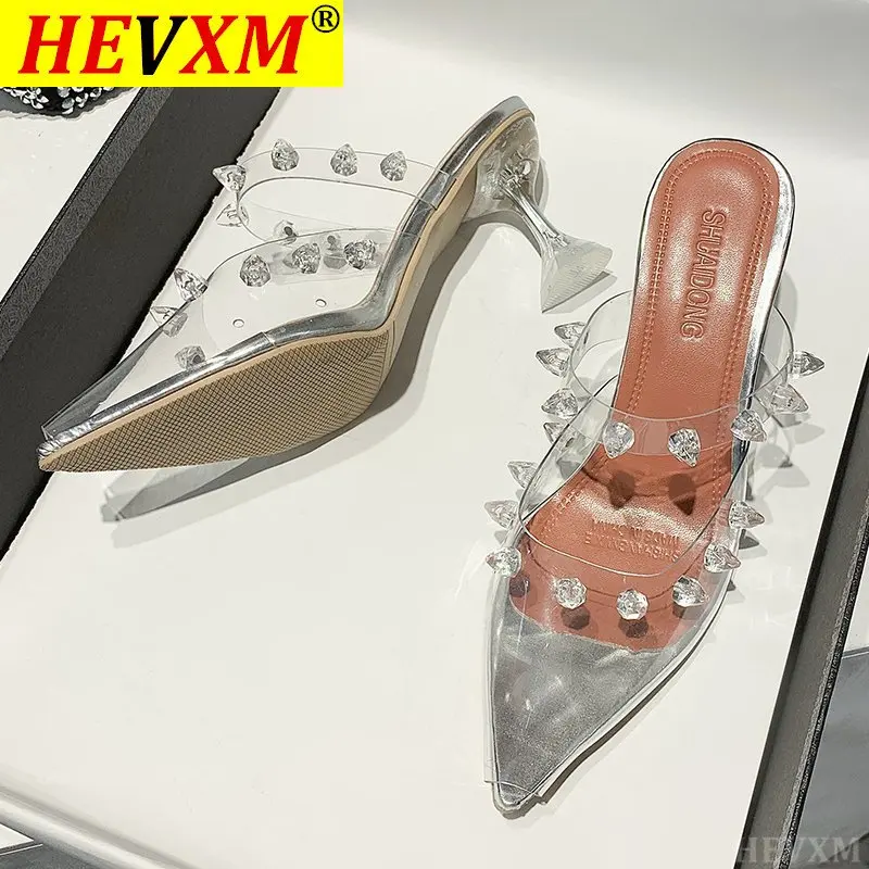 

New Brand Summer Sandals Women PVC Rivets Pointed Toe High Heel Mules Ladies Stiletto Heel Shoes Woman Plus Size Sapato Feminino