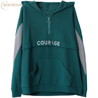 korean zipper streetwear hoodies courage letter embroidery women loose pocket sweatshirt autumn dark blue pullover harajuku top