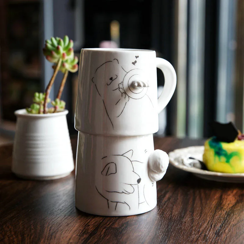 

New Simple Three-Dimensional Mug Coffee Cups Cartoon Copo Ceramic Mugs Cup With Lid Breakfast Milk For Home Kitchen Accesso