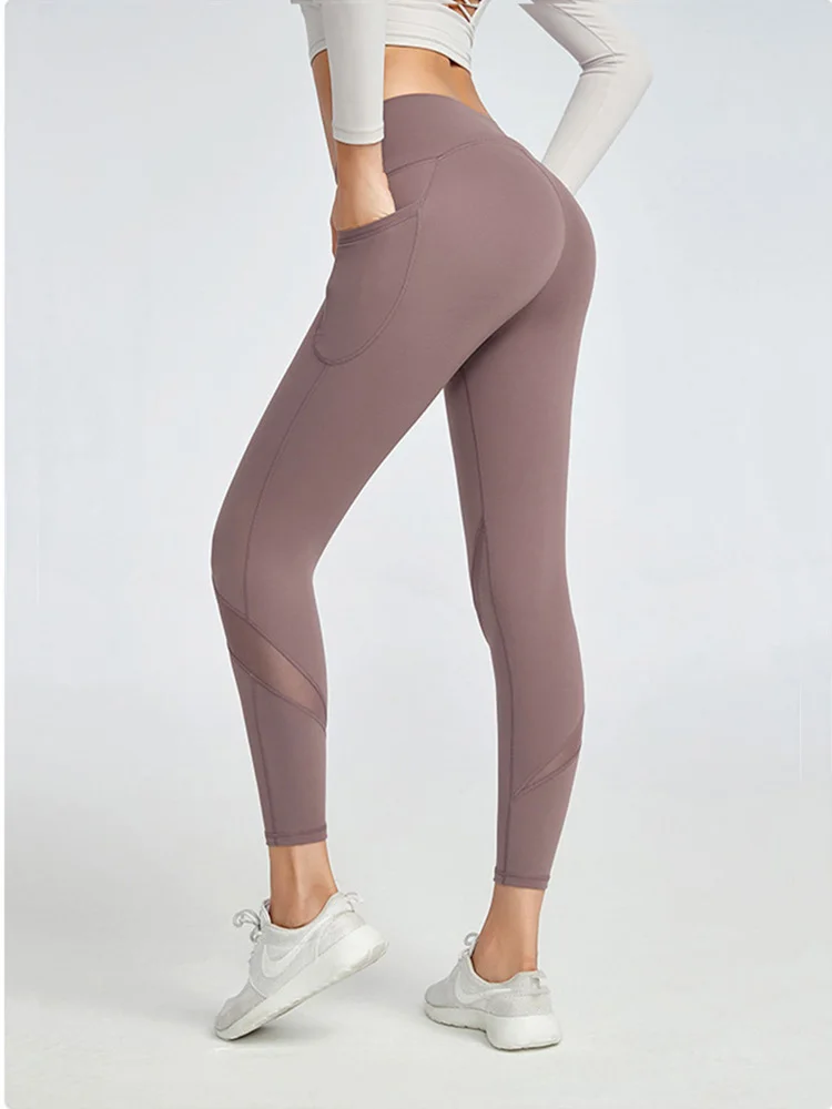 

Леггинсы женские сетчатые с высокой талией и карманами для занятий спортом