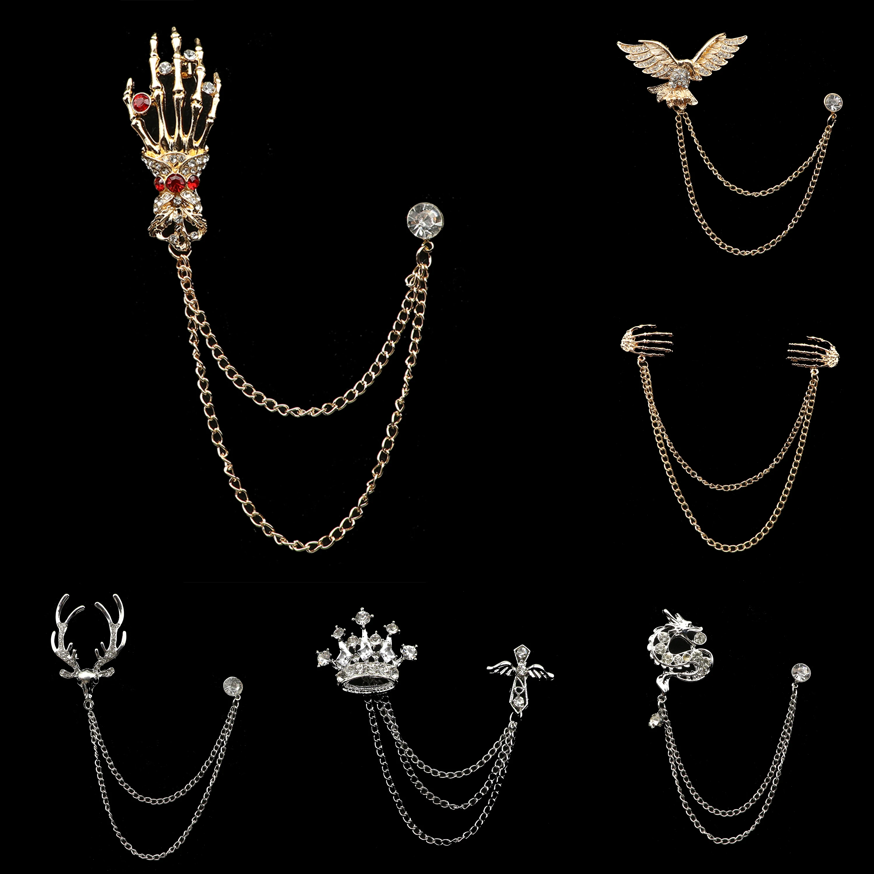 

New Retro Men Suit Tassel Chain Lapel Pin Dragon Deer Crown Skull Hand Brooch Unisex Classic Vintage Punk Style Breastpin Gifts