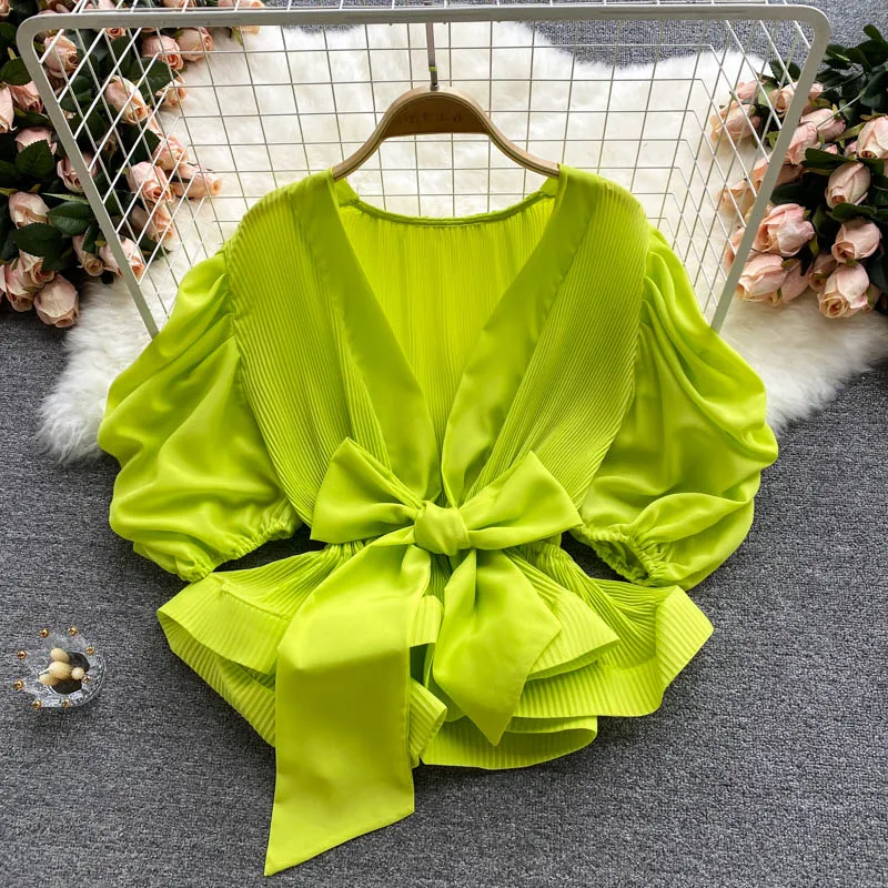 

Топ Женская летняя блузка Новая плиссированная короткая шифоновая рубашка с объемными листьями лотоса со шнуровкой на талии