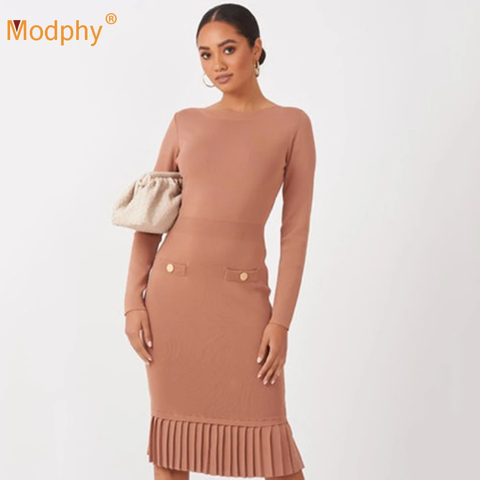 

Autumn Sexy O-Neck Long-Sleeved Pleated Ruffled Bodycon Bandage Dress 2020 New Women'S Runway Celebrity Party Dress Vestidos