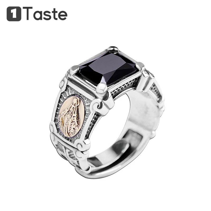 

ONE TASTE Pure S925 Silver Black Agate Men's Open Rings Fine Jewelry Virgin Mary Religious Hip Hop Rock Punk Cocktail Rings Gift