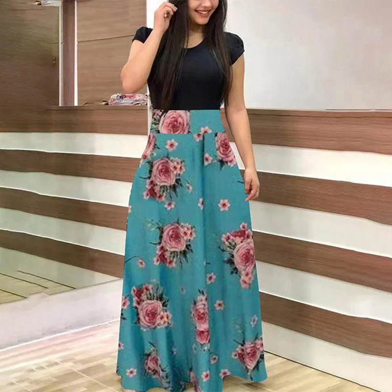 

Plus Size Women's Summer Print Stitching Flower Long Banquet Dress 2021 Bodycon Dress Elegant Sexy Woman Super Long Dress