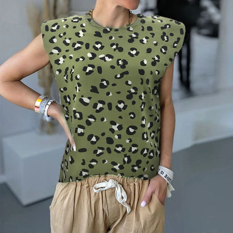 

Women Summer Clothes Casual Round Neck Leopard Printed Sleeveless Women Tshirt Summer Tops and Shirt