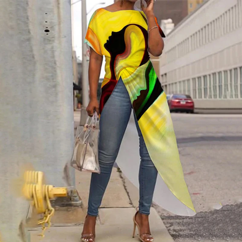 

Multicolor Asymmetrical Abstract Round Neck Holiday Tops Hot Sale Casual Short Sleeve Eye Print T-shirt