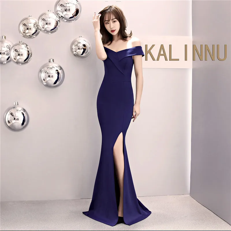 Skyyue Evening Dress Off The Shoulder Women Party Dresses Short Sleeve Robe De Soiree Sexy V-neck Split Formal Gowns C087