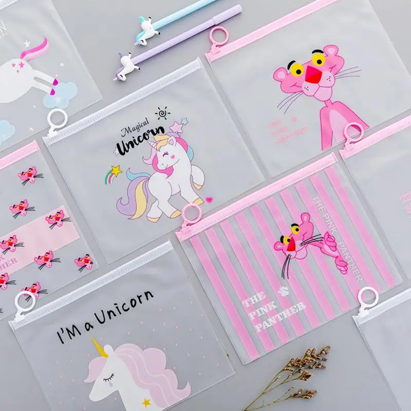 

2 Pieces Transparent Ring File Bag Unicorn Printing Storage Bags