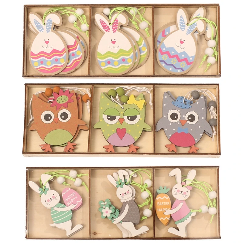 

9PCS /set DIY Easter Wooden Pendant Happy Easter Decorations for Home Bunny Egg Chick Door 2022 Easter Ornament Rabbit Kids Gift