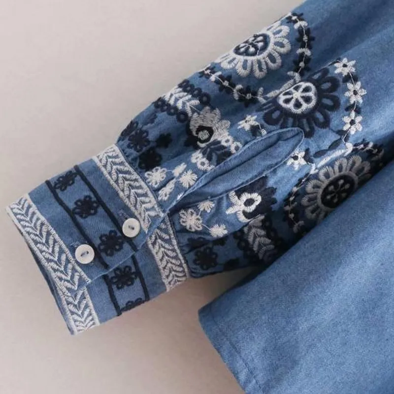 Женские джинсовые топы в народном стиле с цветочной вышивкой блузка длинным