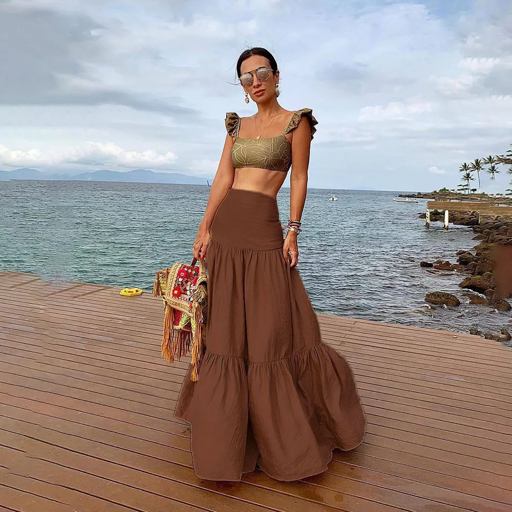 Женская длинная юбка с оборками Однотонная макси из хлопка и льна цвета хаки