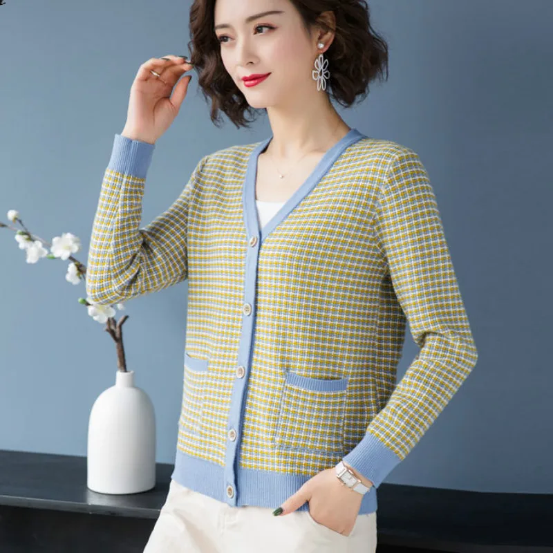 Женский вязаный кардиган в клетку повседневный свободный трикотажный свитер с