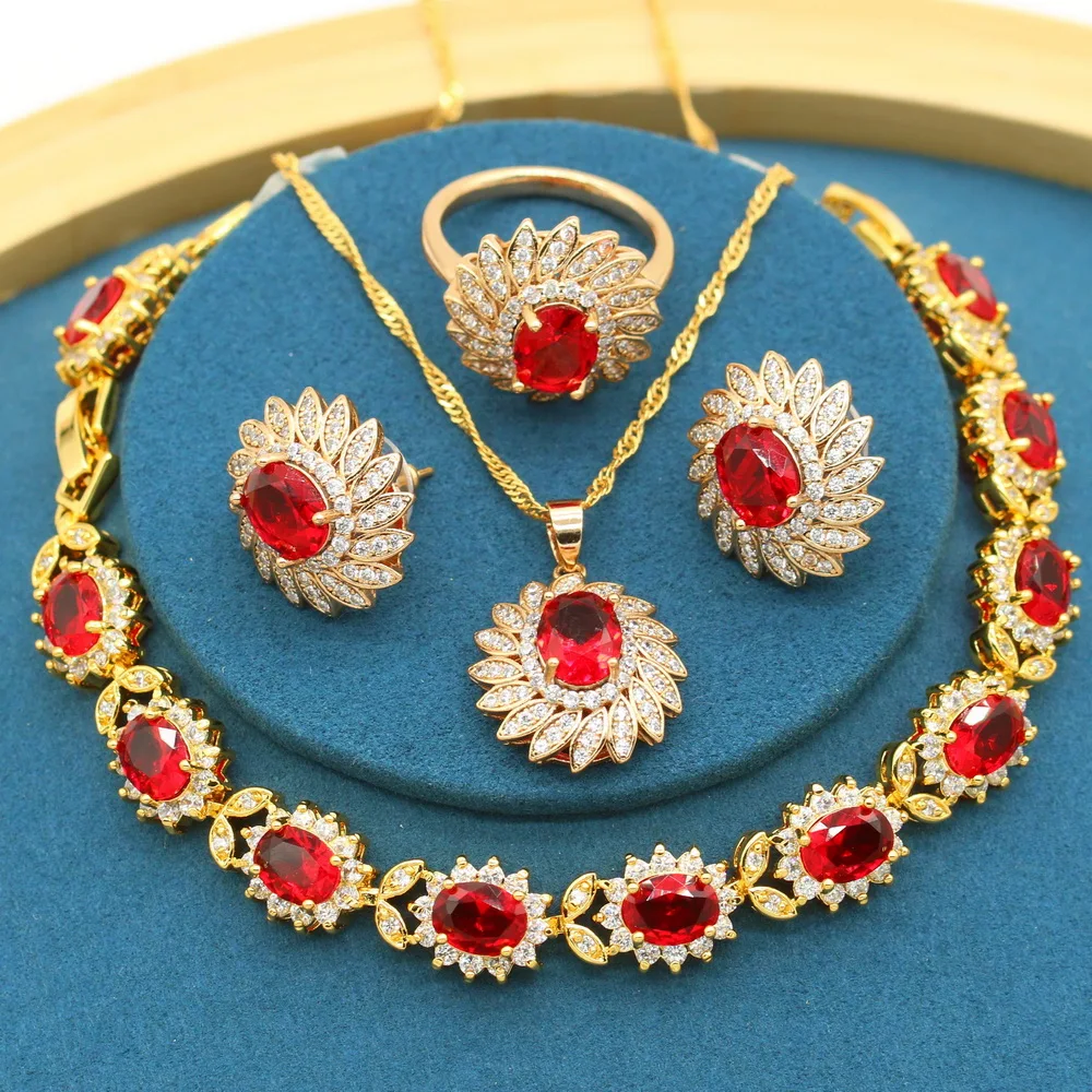 

Женские Золотые Ювелирные наборы с красными камнями, браслет, кольцо, серьги, ожерелье, кулон, подарок на день рождения