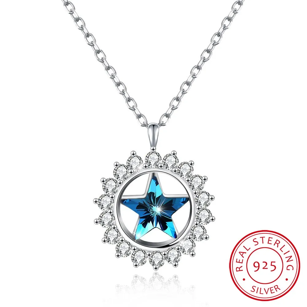 

LEKANI Crystals Blue Stars Necklaces Pendants Real 925 Silver Chain Collares For Women Chic Gifts Fine Jewelry