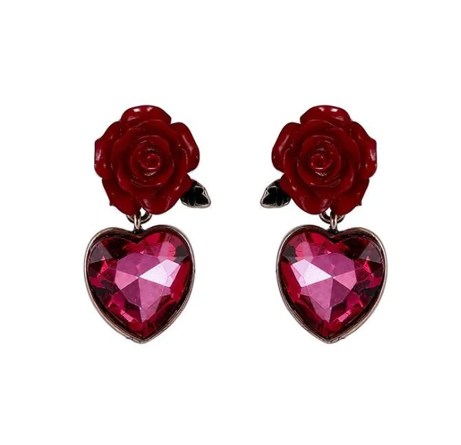 

Fashion Jewelry Elegant New Arrival Red Color Rose Design Creative Lovely Memorable Heart Pendant Earring For Girfriend