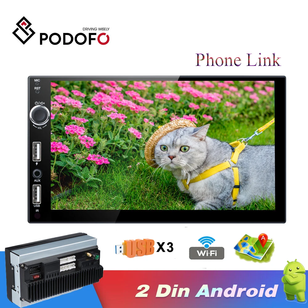 Podofo Android 2 Din автомагнитола автомобильный MP5 плеер 7 &quotHD Зеркало Ссылка сенсорный