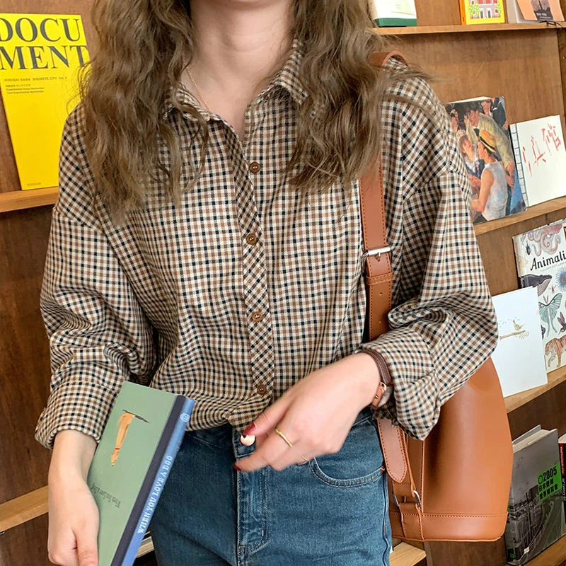 Рубашка женская в клетку с отложным воротником и длинным рукавом | Женская одежда