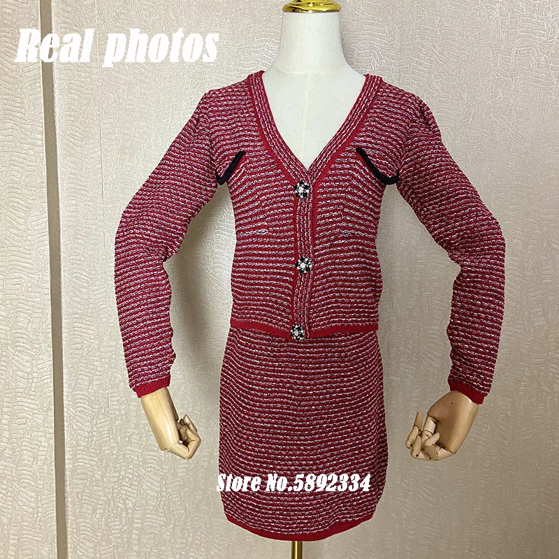 

2021 New Spring Red vintage Two piece sets women autumn sweater cardigan + mini skirt suits knitting clothes elegant 2pcs TZ710