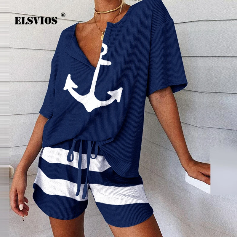 Женский спортивный костюм из 2 предметов рубашка и шорты с принтом якоря лодки