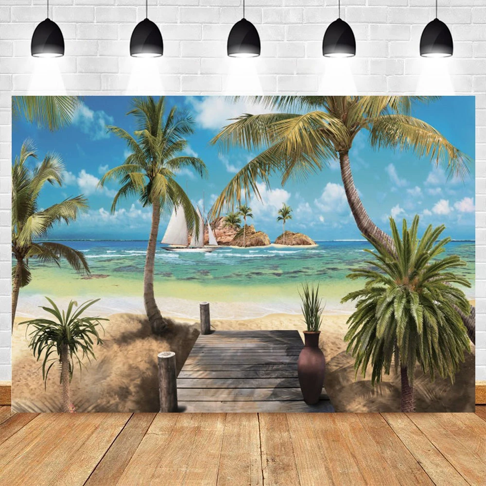 Tropical Seaside Beach Backdrop Summer Hawaii Island Trees Photography Background Holiday Travel  Birthday Party Photo Booth seaside scenic photography backdrop palm trees blue sky seagull summer holiday beach themed wedding party photo booth background