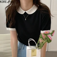 korejpaa women t shirt 2021 summer korean chic western style doll collar back single breasted design short sleeved knitted top