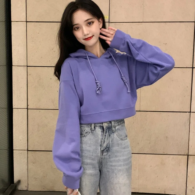 

Autumn Women Solid Color Long-Sleeved Short Hoodie Girl Casual Pullovers Sweatshirts Hoodies Tops