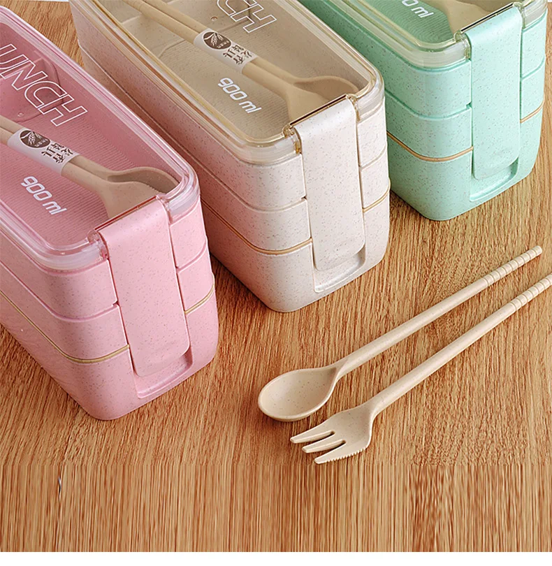 900 мл здорового материала Ланч бокс 3 слоя Пшеничная солома Bento коробки