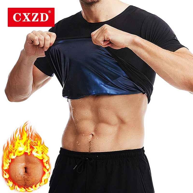 

CXZD 2021 Men Sauna Shaper short-sleeved Waist Trainer Slimming Shaper Tank Hot Zipper Shirt Thermo Corset Gym Workout