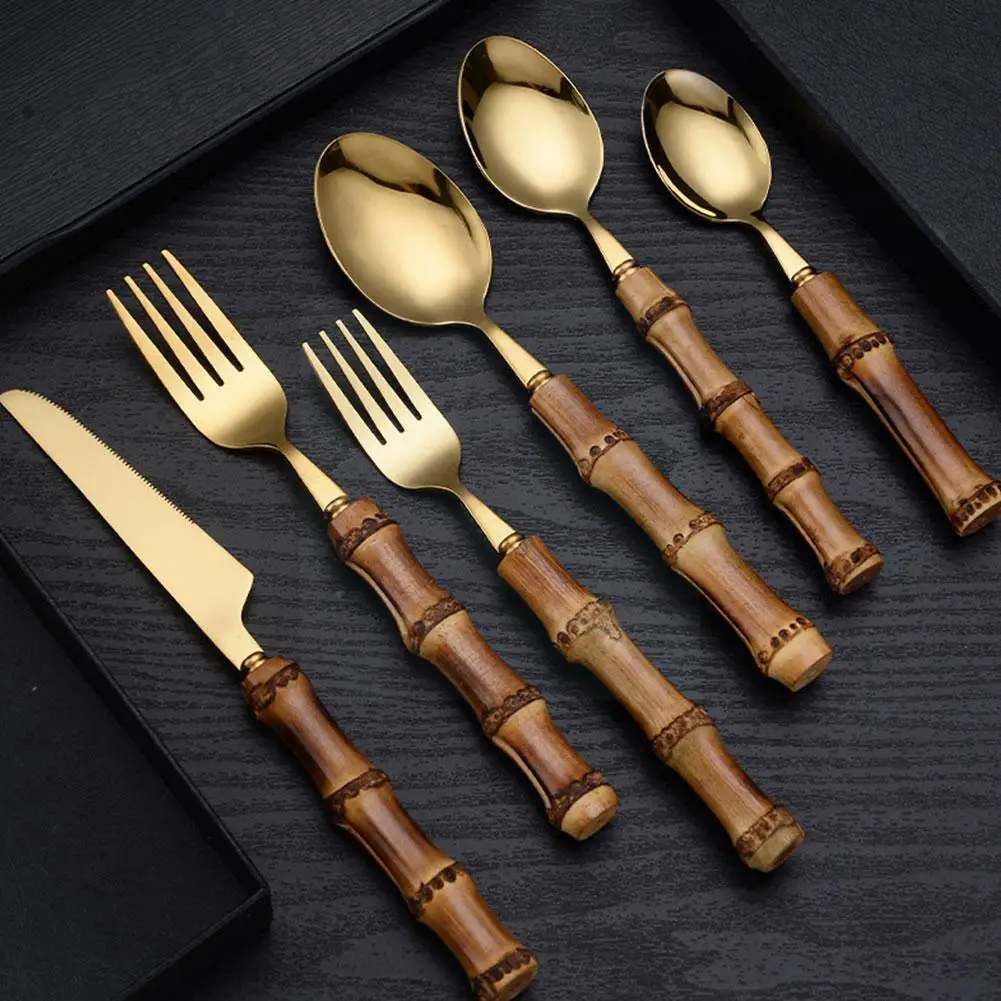 

Natural Bamboo Handle Dinnerware Gold Steel Cutlery Kitchen Forks Knives Spoons Flatware Silverware Tableware Includes I4g8