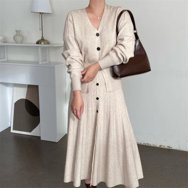 2021 Korean Fashion Knitted 2 Two Piece Set Women Outfits Autumn Winter Vintage Long Skirt and Full Sleeve Sweater Cardigans |