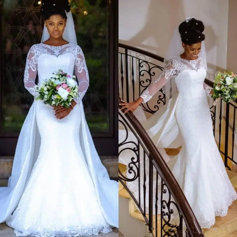 

Country Lace Mermaid Wedding Dresses Detachable Train Jewel Neck White African Nigerian Lace Custom Made Bridal Gown