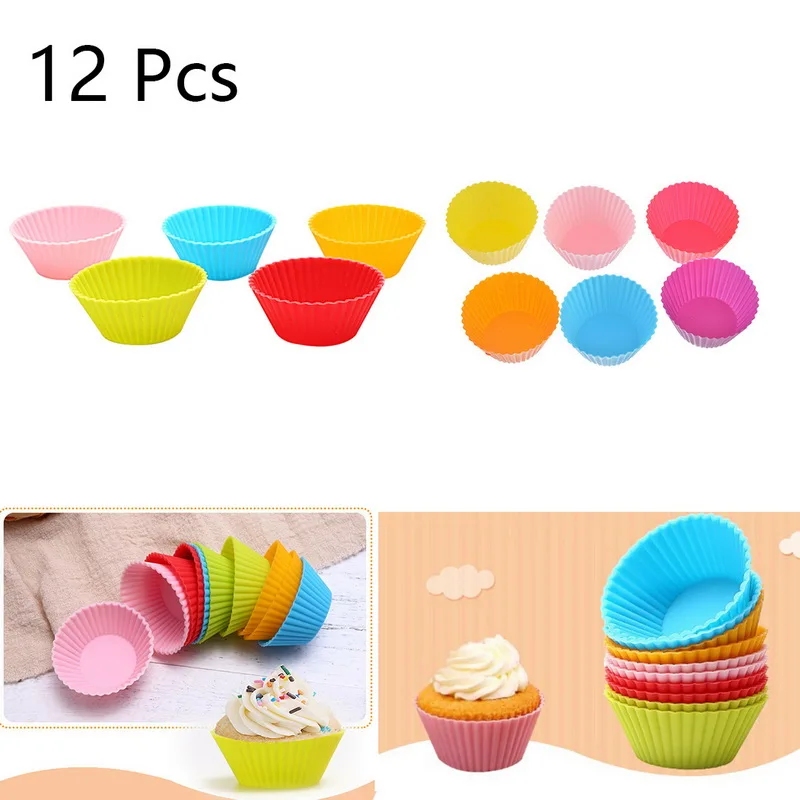 

12Pcs Round Shape Silicone Muffin Cupcake Mould Case Bakeware Maker Mold Tray Baking Cup Liner Baking Molds