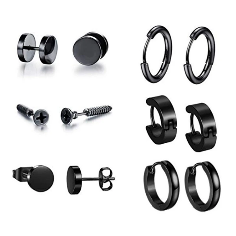 

6 Style/set!! Men Earrings New Fashion Cool punk Black Stainless Steel Round Stud Earrings For Women Men Jewelry gifts 2021