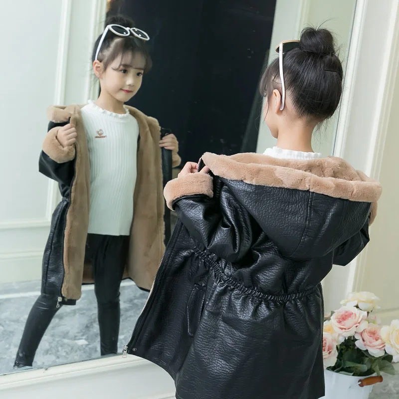 2019 Thick Warm Kids Leather Jacket Fleece Winter Baby Girl Coats Long Children Clothes Hoodie Girls Outerwear Teenage Snowsuits | Детская