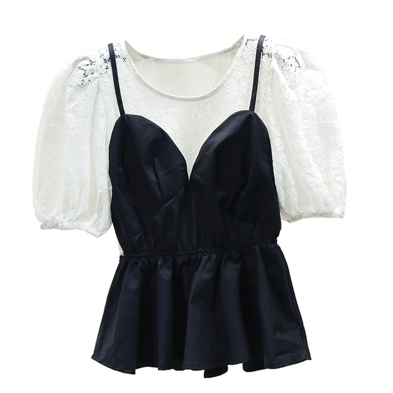 

Lace Shirt Women's Short Sleeve Shirts 2020 Summer New Korean Fashion Elegant Blouse Puff Sleeve Strap Fake Two-Piece Top Blusas