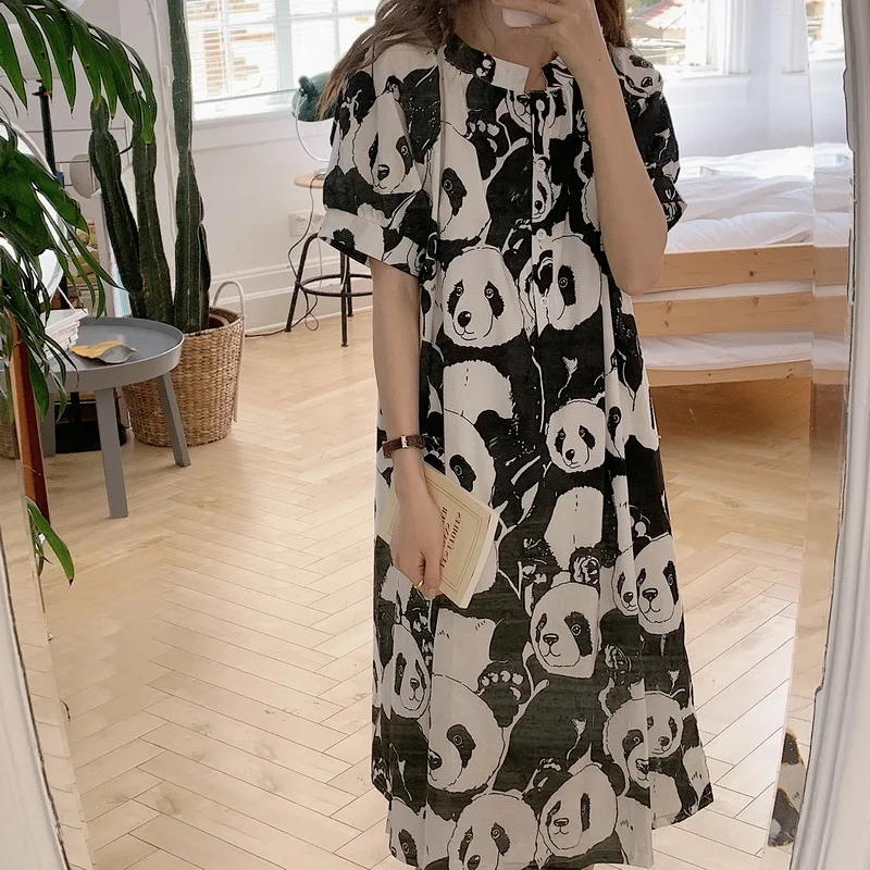 

CBAFU black white pure cotton nightgowns women single breasted dress homewear short sleeve summer cartoon nightdress girls N016