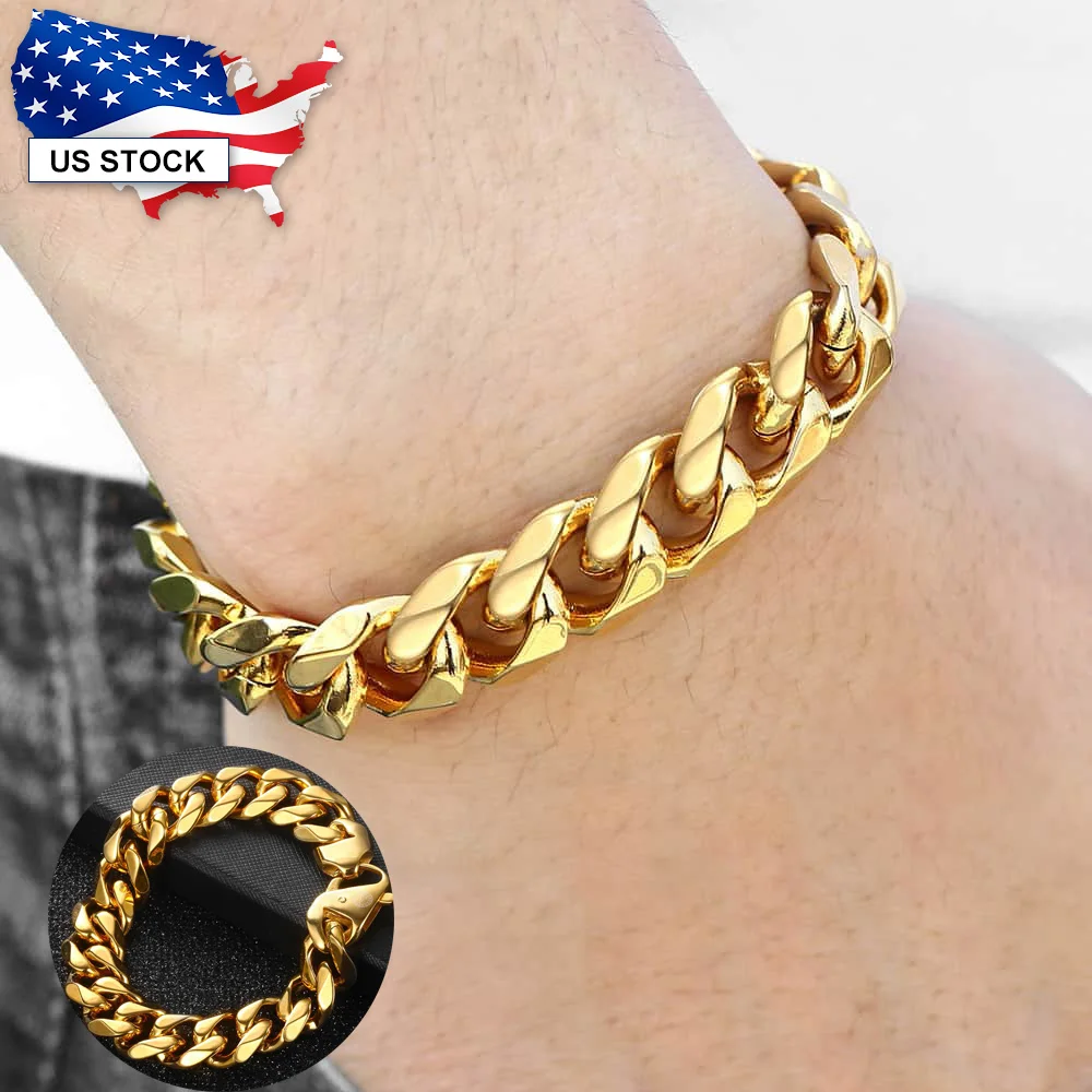 

316L Stainless Steel Bracelet for Men 15mm Gold Color Heavy Curb Link Chain Bracelet Jewelry for Male 7-11 inch Dropship LHB506A