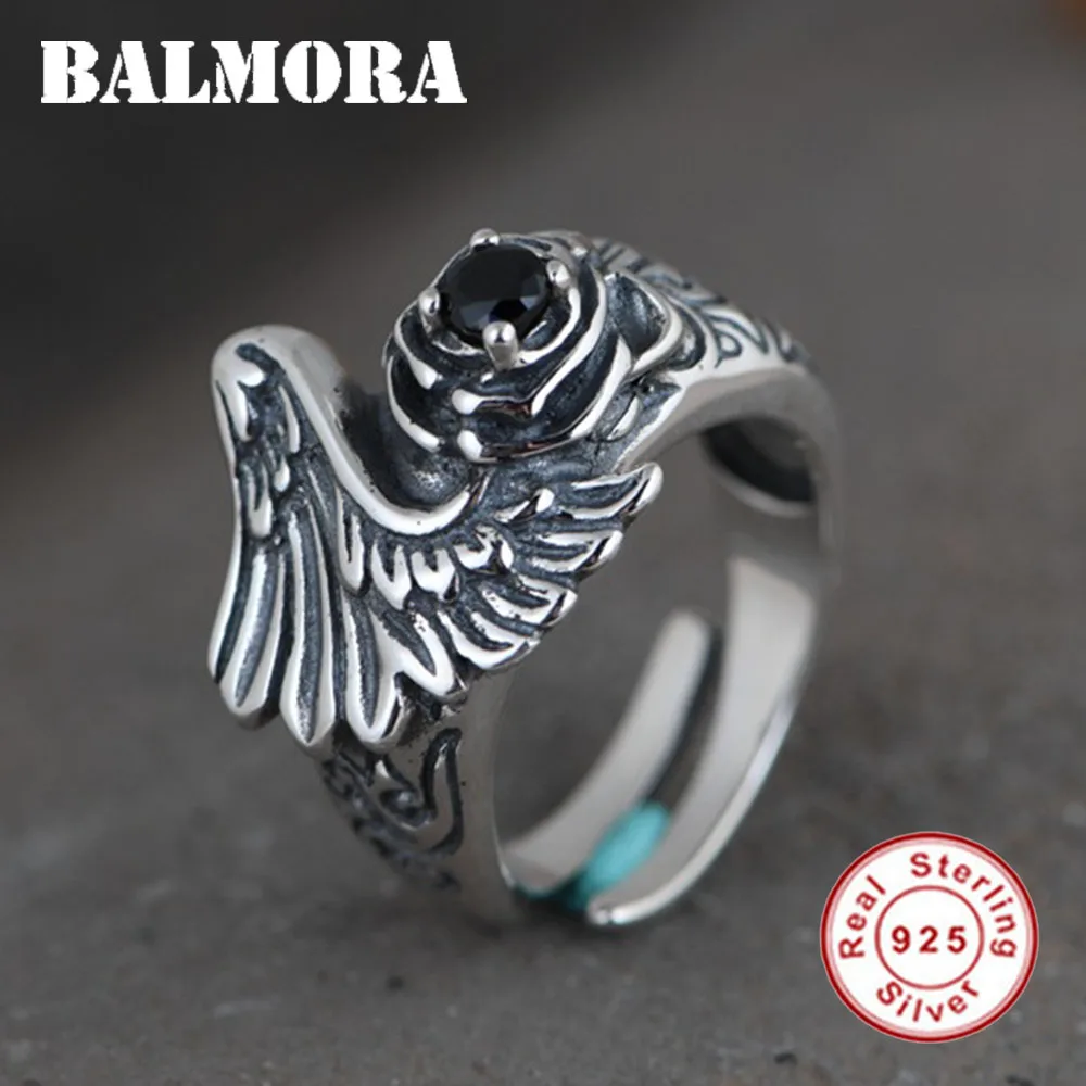 

BALMORA 100% Серебро 925 пробы черный циркон крылья розы кольцо для мужчин женщин Винтажная скульптура регулируемое кольцо индивидуальный ювелир...