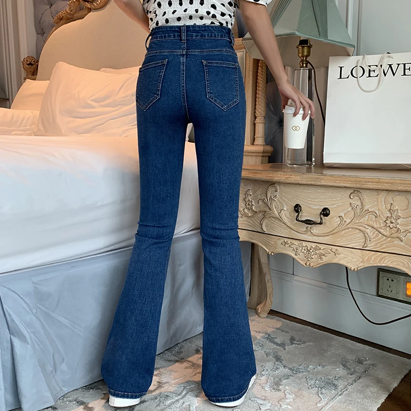 джинсы женские синие расклешенные скинни длинные джинсовые брюки винтажные 2019