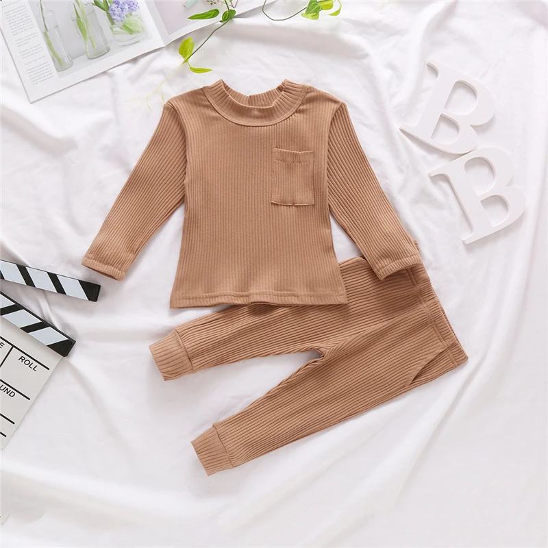 

Children's Clothing Baby Boys Spring Autumn Solid Clothes Long Sleeve Knitted T Shirts Suit Kids Clothes For Boys 2Pcs Outfits