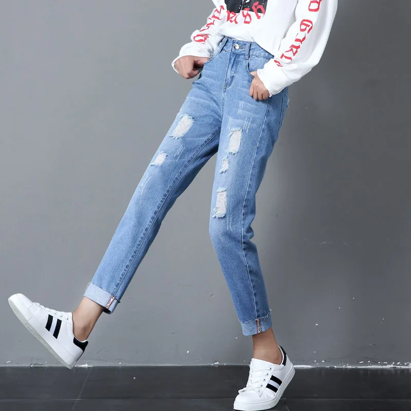 JoinYouth/однотонные джинсы с дырками и высокой талией эластичные большого размера